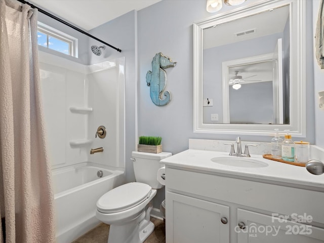 5013 Hamilton Mill Dr, Waxhaw, NC 28173 - bathroom with shower / bathtub combination with curtain, vanity, and ceiling fan