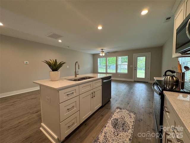 2012 Crown Point Dr Unit A, Albemarle, NC 28001 - kitchen with black electric range oven, a sink, stainless steel dishwasher, a ceiling fan, and baseboards
