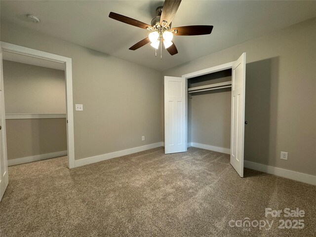 2012 Crown Point Dr Unit A, Albemarle, NC 28001 - unfurnished bedroom featuring carpet floors, baseboards, a closet, and ceiling fan
