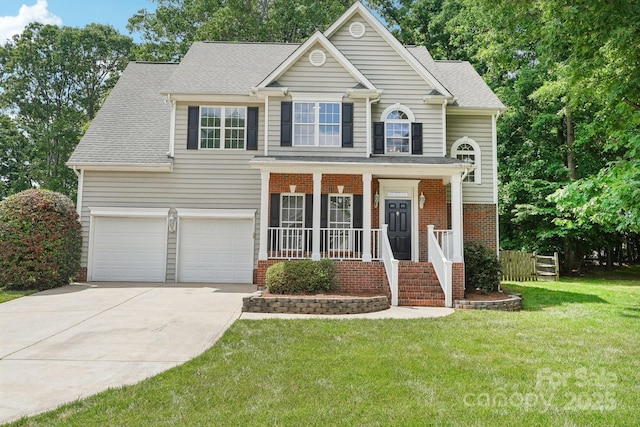 traditional-style home featuring concrete driveway, a porch, a garage, brick siding, and roof with shingles