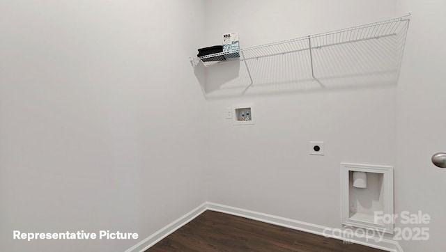 clothes washing area with hookup for a washing machine, baseboards, dark wood finished floors, and electric dryer hookup