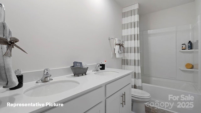 full bath featuring toilet, shower / tub combo, and double vanity