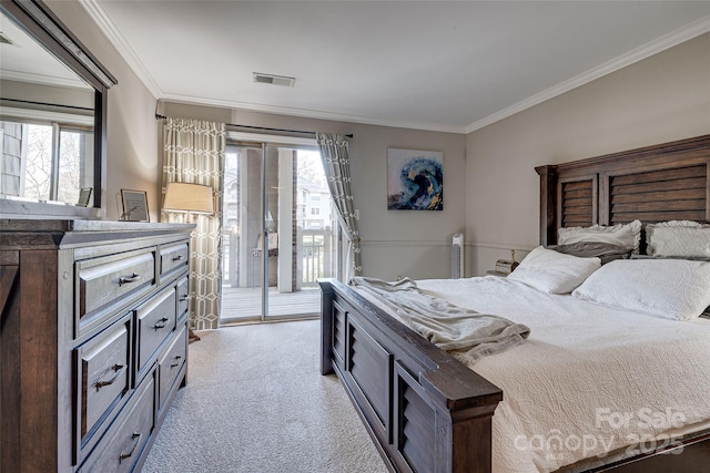 bedroom featuring access to outside, light carpet, crown molding, and multiple windows