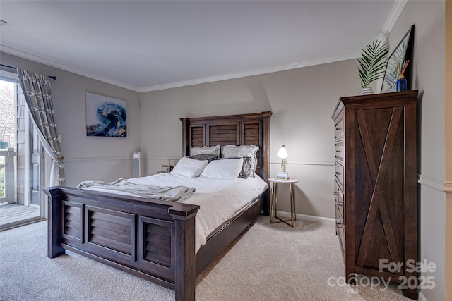 bedroom featuring light carpet, access to outside, ornamental molding, and baseboards
