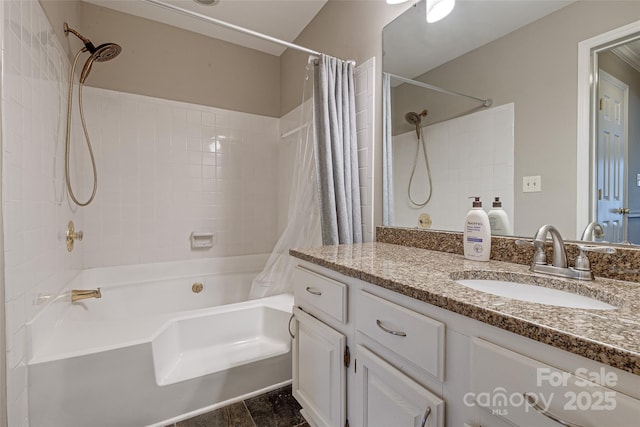 full bathroom featuring shower / tub combo with curtain and vanity