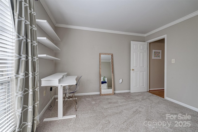 unfurnished office with carpet floors, crown molding, and baseboards