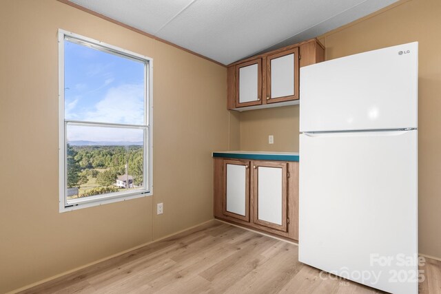 2930 Clarks Chapel Rd, Lenoir, NC 28645 - kitchen with freestanding refrigerator, light wood-style floors, vaulted ceiling, glass insert cabinets, and baseboards