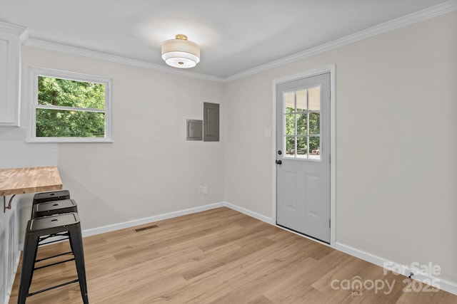 unfurnished dining area featuring plenty of natural light, ornamental molding, electric panel, light wood-type flooring, and baseboards