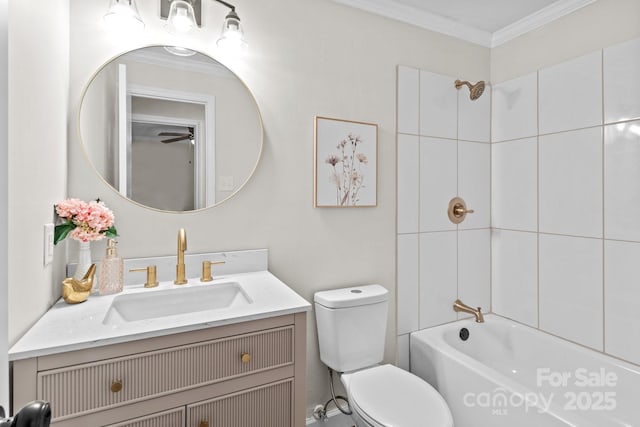 full bathroom featuring toilet, ornamental molding, vanity, ceiling fan, and shower / bathtub combination
