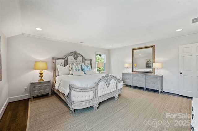 5806 Bentway Dr, Charlotte, NC 28226 - bedroom featuring baseboards, recessed lighting, wood finished floors, and lofted ceiling