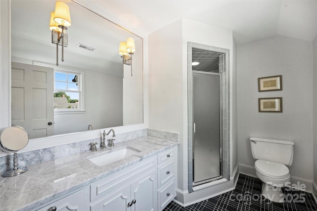 5806 Bentway Dr, Charlotte, NC 28226 - full bath with tile patterned floors, toilet, a shower stall, vanity, and baseboards