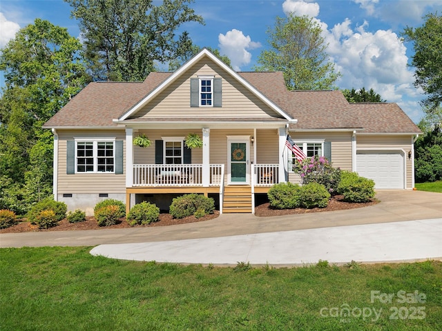 4 Greene Ln, Fletcher, NC 28732 - view of front of property with concrete driveway, a porch, an attached garage, roof with shingles, and a front lawn