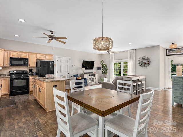 4 Greene Ln, Fletcher, NC 28732 - dining area featuring ceiling fan, dark wood-style flooring, recessed lighting, and baseboards