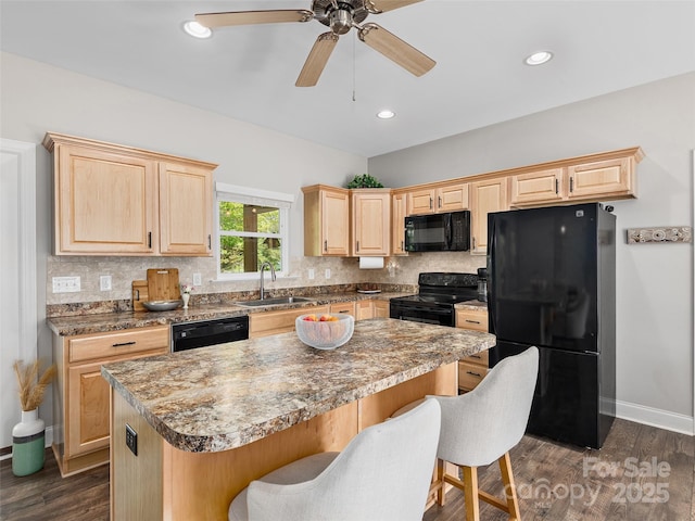 4 Greene Ln, Fletcher, NC 28732 - kitchen with black appliances, a sink, light brown cabinets, decorative backsplash, and recessed lighting