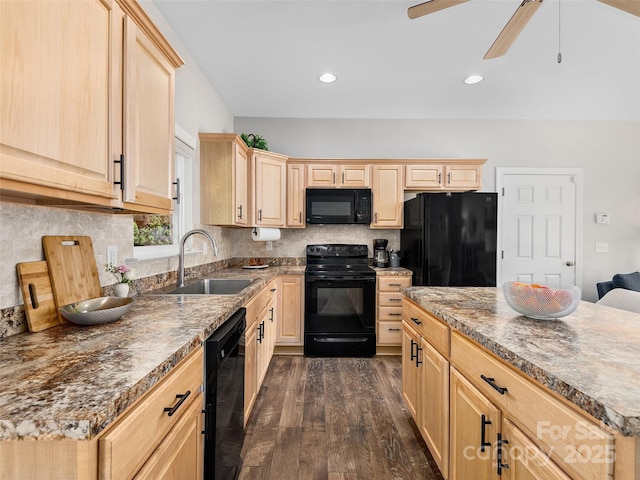 4 Greene Ln, Fletcher, NC 28732 - kitchen with black appliances, light brown cabinetry, a sink, dark wood-style floors, and backsplash
