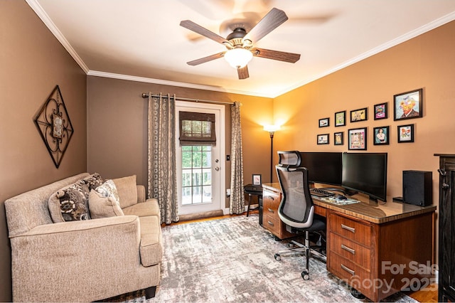 office with ceiling fan, ornamental molding, and wood finished floors