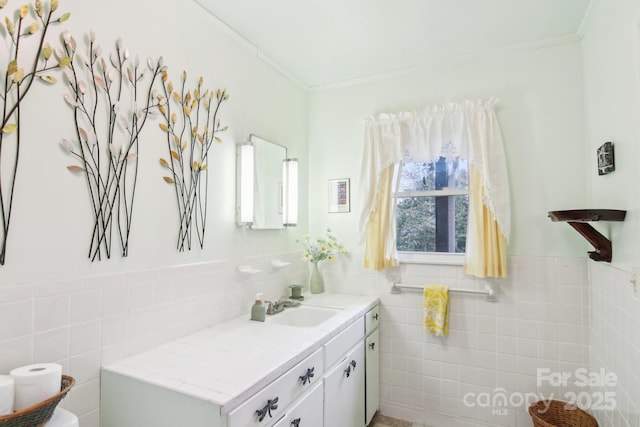 51 Atari Rd, Waynesville, NC 28786 - bathroom featuring tile walls, vanity, crown molding, a wainscoted wall, and toilet