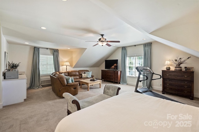 bedroom featuring light colored carpet, lofted ceiling, recessed lighting, a ceiling fan, and baseboards