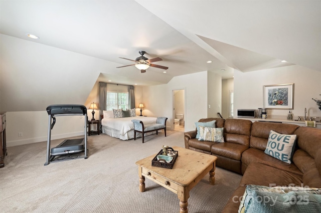 living room with ceiling fan, light carpet, lofted ceiling, recessed lighting, and baseboards