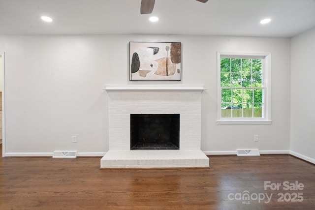 unfurnished living room featuring ceiling fan, wood finished floors, baseboards, recessed lighting, and a fireplace