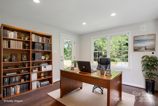 office space featuring baseboards, dark wood finished floors, and recessed lighting