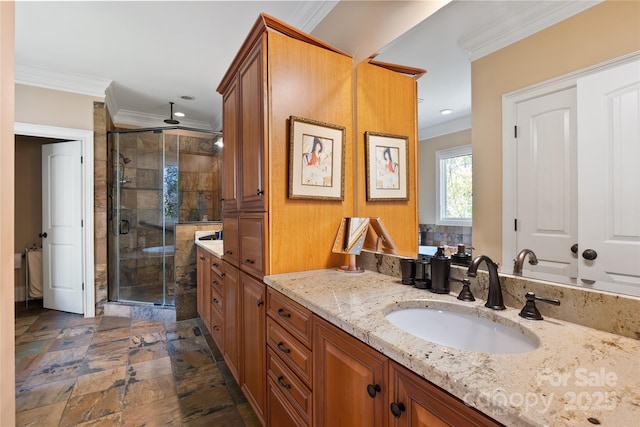 20017 Bragg, Chapel Hill, NC 27517 - full bath with a stall shower, ornamental molding, vanity, and recessed lighting