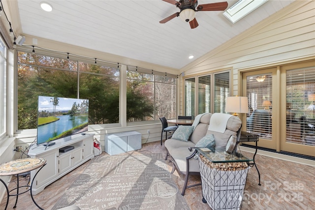 20017 Bragg, Chapel Hill, NC 27517 - sunroom featuring lofted ceiling, ceiling fan, a skylight, recessed lighting, and an outdoor kitchen