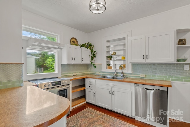 30 Joyner Ave, Asheville, NC 28806 - kitchen with open shelves, stainless steel appliances, a sink, white cabinetry, and a textured ceiling