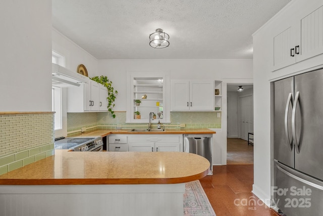 30 Joyner Ave, Asheville, NC 28806 - kitchen featuring appliances with stainless steel finishes, a sink, open shelves, tasteful backsplash, and a textured ceiling