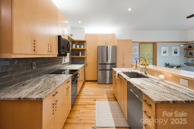 18 Balsam Ct, Arden, NC 28704 - kitchen featuring appliances with stainless steel finishes, a sink, open shelves, light wood-style flooring, and decorative backsplash