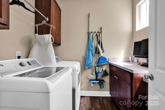 14940 Carbert Ln, Huntersville, NC 28078 - laundry area featuring cabinet space, washer and clothes dryer, baseboards, and dark wood-style flooring