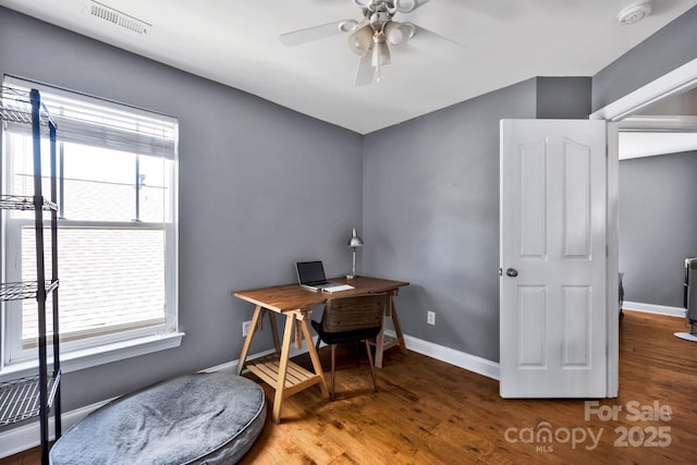 14940 Carbert Ln, Huntersville, NC 28078 - office area featuring wood finished floors, a ceiling fan, and baseboards