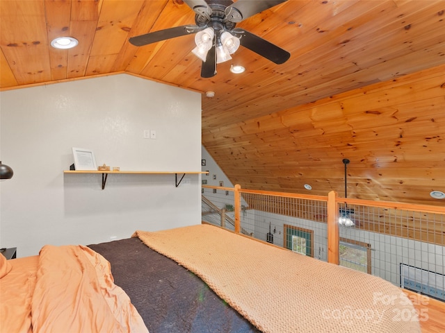 416 Secluded Cv, Waynesville, NC 28785 - bedroom with wood ceiling, vaulted ceiling, recessed lighting, and ceiling fan
