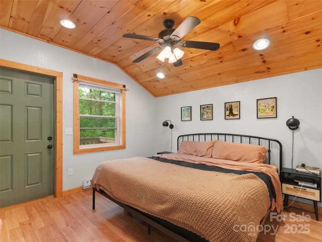 416 Secluded Cv, Waynesville, NC 28785 - bedroom with wood ceiling, lofted ceiling, recessed lighting, light wood-style floors, and baseboards