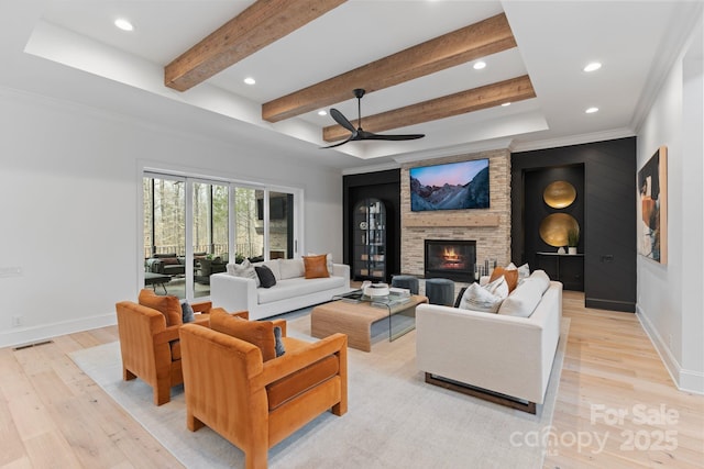 17416 Gillican Overlook Rd, Davidson, NC 28036 - living room featuring light wood-style flooring, recessed lighting, baseboards, ceiling fan, and a large fireplace