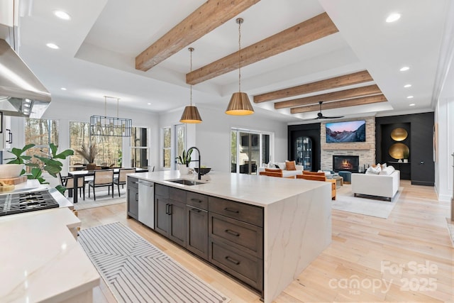 17416 Gillican Overlook Rd, Davidson, NC 28036 - kitchen with a sink, range hood, stainless steel dishwasher, recessed lighting, and light wood-style flooring