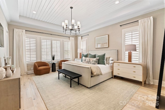 17416 Gillican Overlook Rd, Davidson, NC 28036 - bedroom featuring a chandelier, ornamental molding, wood finished floors, wooden ceiling, and recessed lighting