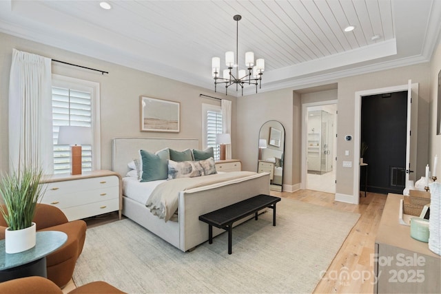 17416 Gillican Overlook Rd, Davidson, NC 28036 - bedroom featuring a tray ceiling, a chandelier, crown molding, light wood-style floors, and recessed lighting
