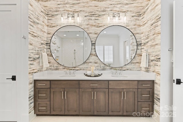 17416 Gillican Overlook Rd, Davidson, NC 28036 - bathroom featuring double vanity and tile walls