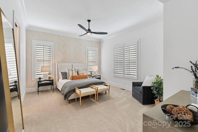 17416 Gillican Overlook Rd, Davidson, NC 28036 - bedroom with ornamental molding, baseboards, light carpet, and a ceiling fan