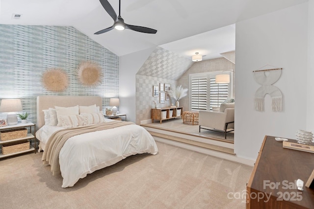 17416 Gillican Overlook Rd, Davidson, NC 28036 - bedroom with wallpapered walls, vaulted ceiling, carpet floors, baseboards, and ceiling fan