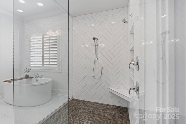 17416 Gillican Overlook Rd, Davidson, NC 28036 - bathroom featuring a shower stall, a soaking tub, and tile patterned floors
