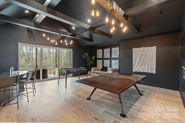 17416 Gillican Overlook Rd, Davidson, NC 28036 - rec room featuring beam ceiling, wood finished floors, and high vaulted ceiling