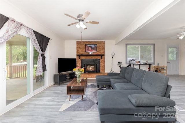 living area featuring a ceiling fan, wood finished floors, and a fireplace
