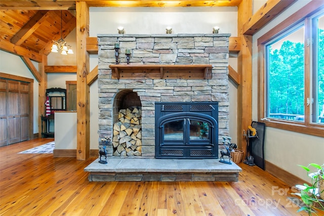 58 Great Aspen Way, Black Mountain, NC 28711 - detailed view of baseboards, wood finished floors, a stone fireplace, and wooden ceiling with exposed beams