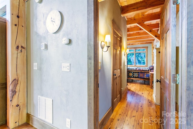 58 Great Aspen Way, Black Mountain, NC 28711 - hallway with light wood-style floors and wood ceiling with exposed beams