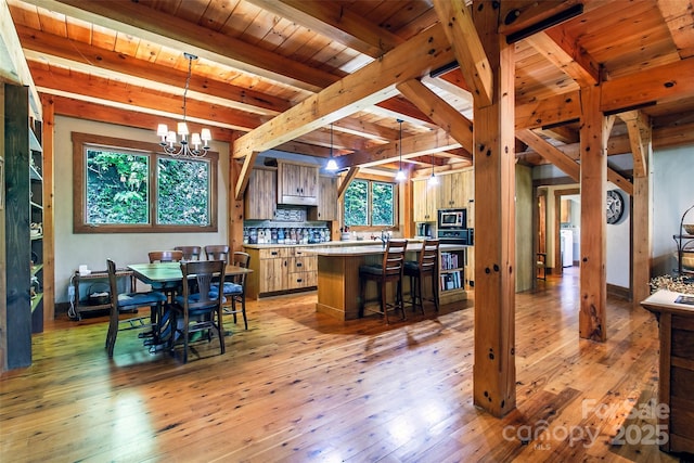 58 Great Aspen Way, Black Mountain, NC 28711 - kitchen featuring stainless steel microwave, wooden ceiling with exposed beams, light countertops, a chandelier, and light wood-type flooring