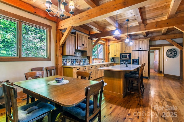 58 Great Aspen Way, Black Mountain, NC 28711 - dining space featuring plenty of natural light, wood ceiling with exposed beams, hardwood / wood-style flooring, a chandelier, and baseboards