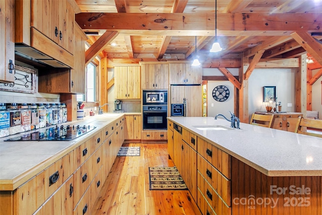 58 Great Aspen Way, Black Mountain, NC 28711 - kitchen featuring black appliances, a sink, light wood-type flooring, a center island with sink, and wooden ceiling with exposed beams