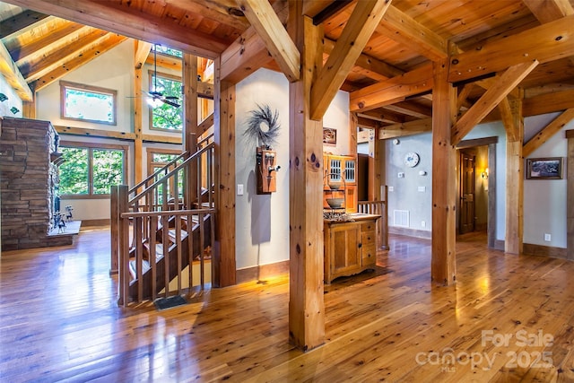 58 Great Aspen Way, Black Mountain, NC 28711 - entrance foyer with hardwood / wood-style flooring, stairway, baseboards, and wood ceiling